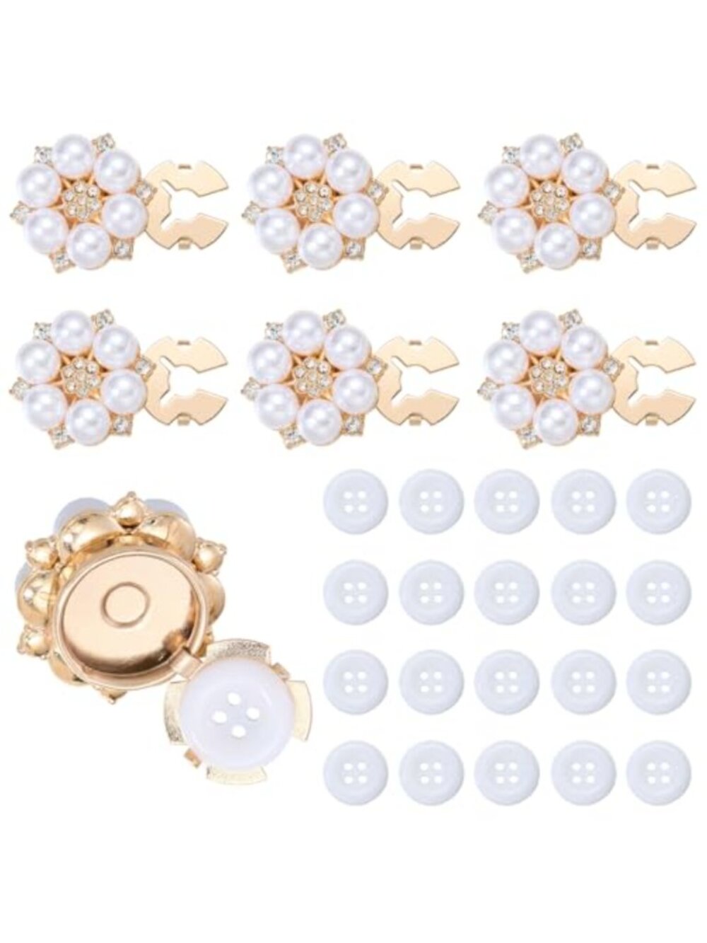 6 Gold Pearl Rhinestone Flower Button Covers for Shirts Blouses